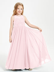 Robes Longues de Demoiselle d'Honneur Junior Haut en Dentelle Illusion Rose Pâle