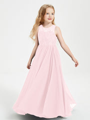 Robes Longues de Demoiselle d'Honneur Junior Haut en Dentelle Illusion Rose Pâle