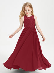 Robes Longues de Demoiselle d'Honneur Junior Haut en Dentelle Illusion Bordeaux