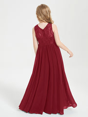 Robes Longues de Demoiselle d'Honneur Junior Haut en Dentelle Illusion Bordeaux