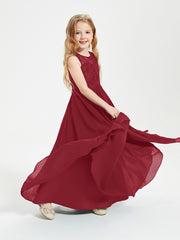 Robes Longues de Demoiselle d'Honneur Junior Haut en Dentelle Illusion Bordeaux