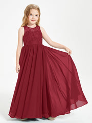 Robes Longues de Demoiselle d'Honneur Junior Haut en Dentelle Illusion Bordeaux