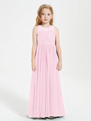 Robes Longues de Demoiselle d'Honneur Junior Haut en Dentelle Illusion Rose Bonbon
