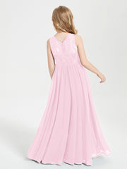 Robes Longues de Demoiselle d'Honneur Junior Haut en Dentelle Illusion Rose Bonbon