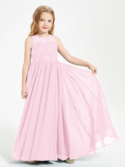 Robes Longues de Demoiselle d'Honneur Junior Haut en Dentelle Illusion Rose Bonbon
