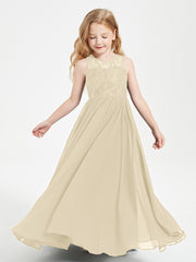 Robes Longues de Demoiselle d'Honneur Junior Haut en Dentelle Illusion Champagne