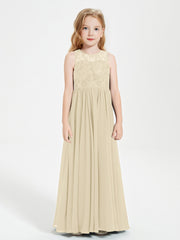 Robes Longues de Demoiselle d'Honneur Junior Haut en Dentelle Illusion Champagne