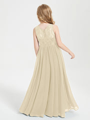 Robes Longues de Demoiselle d'Honneur Junior Haut en Dentelle Illusion Champagne