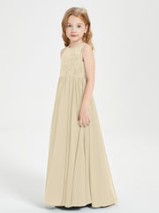 Robes Longues de Demoiselle d'Honneur Junior Haut en Dentelle Illusion Champagne