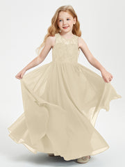 Robes Longues de Demoiselle d'Honneur Junior Haut en Dentelle Illusion Champagne