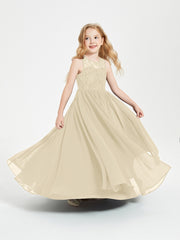 Robes Longues de Demoiselle d'Honneur Junior Haut en Dentelle Illusion Champagne
