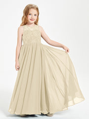 Robes Longues de Demoiselle d'Honneur Junior Haut en Dentelle Illusion Champagne