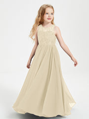 Robes Longues de Demoiselle d'Honneur Junior Haut en Dentelle Illusion Champagne
