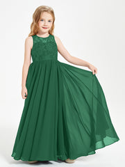 Robes Longues de Demoiselle d'Honneur Junior Haut en Dentelle Illusion Vert Foncé
