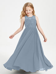 Robes Longues de Demoiselle d'Honneur Junior Haut en Dentelle Illusion Bleu Poudré
