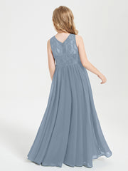 Robes Longues de Demoiselle d'Honneur Junior Haut en Dentelle Illusion Bleu Poudré