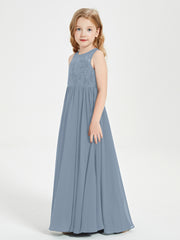 Robes Longues de Demoiselle d'Honneur Junior Haut en Dentelle Illusion Bleu Poudré