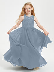 Robes Longues de Demoiselle d'Honneur Junior Haut en Dentelle Illusion Bleu Poudré