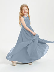 Robes Longues de Demoiselle d'Honneur Junior Haut en Dentelle Illusion Bleu Poudré
