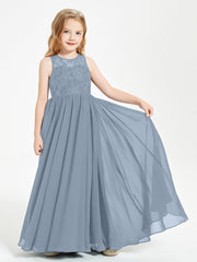 Robes Longues de Demoiselle d'Honneur Junior Haut en Dentelle Illusion Bleu Poudré