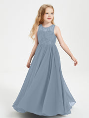 Robes Longues de Demoiselle d'Honneur Junior Haut en Dentelle Illusion Bleu Poudré