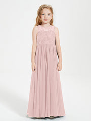 Robes Longues de Demoiselle d'Honneur Junior Haut en Dentelle Illusion Rose Poudré