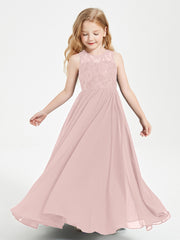 Robes Longues de Demoiselle d'Honneur Junior Haut en Dentelle Illusion Rose Poudré