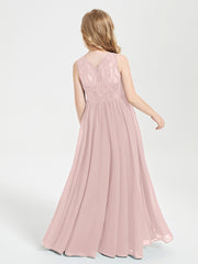 Robes Longues de Demoiselle d'Honneur Junior Haut en Dentelle Illusion Rose Poudré