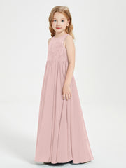 Robes Longues de Demoiselle d'Honneur Junior Haut en Dentelle Illusion Rose Poudré