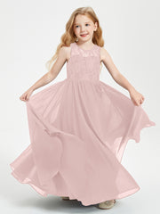 Robes Longues de Demoiselle d'Honneur Junior Haut en Dentelle Illusion Rose Poudré