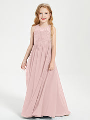 Robes Longues de Demoiselle d'Honneur Junior Haut en Dentelle Illusion Rose Poudré