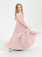 Robes Longues de Demoiselle d'Honneur Junior Haut en Dentelle Illusion Rose Poudré