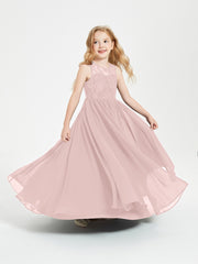 Robes Longues de Demoiselle d'Honneur Junior Haut en Dentelle Illusion Rose Poudré