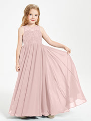 Robes Longues de Demoiselle d'Honneur Junior Haut en Dentelle Illusion Rose Poudré