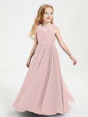 Robes Longues de Demoiselle d'Honneur Junior Haut en Dentelle Illusion Rose Poudré