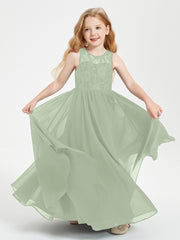 Robes Longues de Demoiselle d'Honneur Junior Haut en Dentelle Illusion Sauge Poudrée