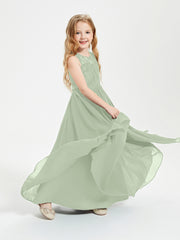 Robes Longues de Demoiselle d'Honneur Junior Haut en Dentelle Illusion Sauge Poudrée