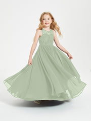 Robes Longues de Demoiselle d'Honneur Junior Haut en Dentelle Illusion Sauge Poudrée