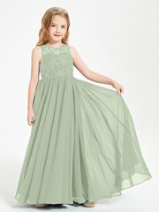Robes Longues de Demoiselle d'Honneur Junior Haut en Dentelle Illusion Sauge Poudrée