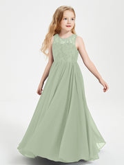 Robes Longues de Demoiselle d'Honneur Junior Haut en Dentelle Illusion Sauge Poudrée