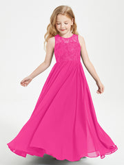 Robes Longues de Demoiselle d'Honneur Junior Haut en Dentelle Illusion Fuchsia