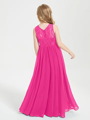 Robes Longues de Demoiselle d'Honneur Junior Haut en Dentelle Illusion Fuchsia