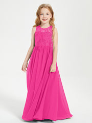Robes Longues de Demoiselle d'Honneur Junior Haut en Dentelle Illusion Fuchsia