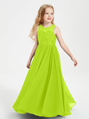Robes Longues de Demoiselle d'Honneur Junior Haut en Dentelle Illusion Vert Citron