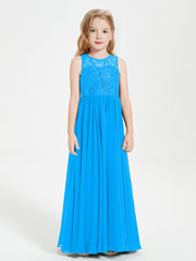 Robes Longues de Demoiselle d'Honneur Junior Haut en Dentelle Illusion Bleu Océan