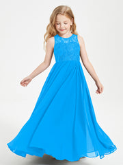 Robes Longues de Demoiselle d'Honneur Junior Haut en Dentelle Illusion Bleu Océan