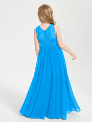 Robes Longues de Demoiselle d'Honneur Junior Haut en Dentelle Illusion Bleu Océan