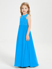 Robes Longues de Demoiselle d'Honneur Junior Haut en Dentelle Illusion Bleu Océan