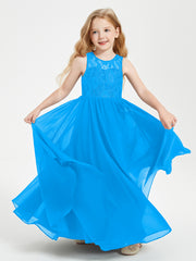 Robes Longues de Demoiselle d'Honneur Junior Haut en Dentelle Illusion Bleu Océan