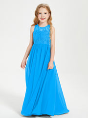 Robes Longues de Demoiselle d'Honneur Junior Haut en Dentelle Illusion Bleu Océan
